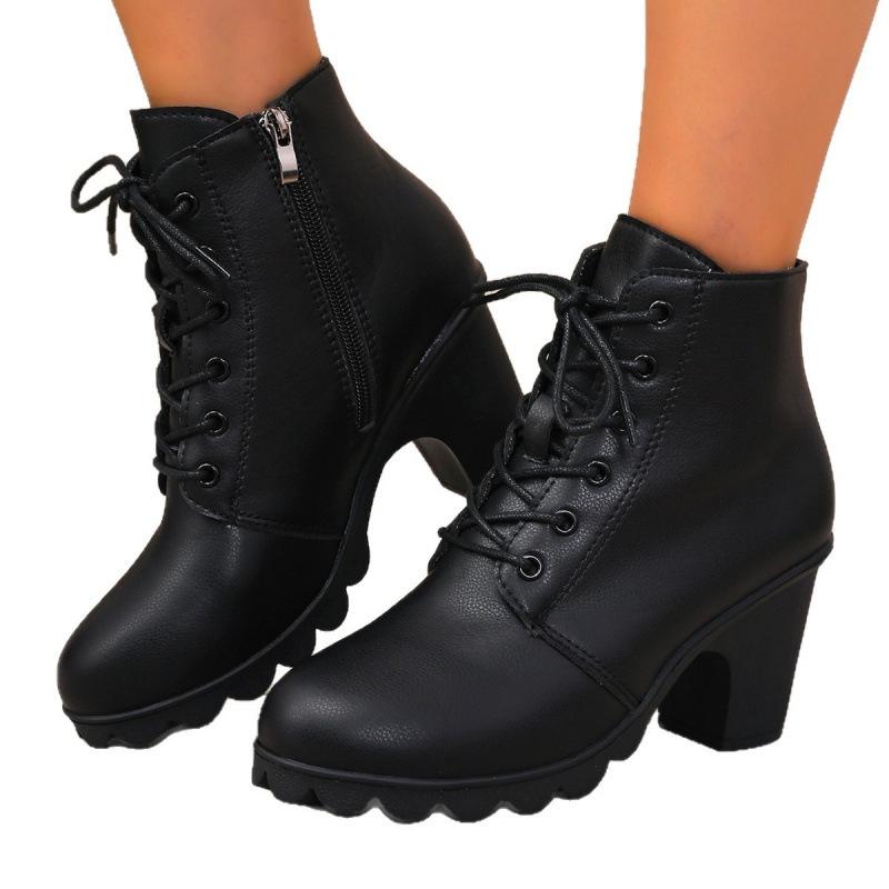Autumn and winter new European and American plus-size booties, high heels, round toe, lace-ups, thick-heeled Martin boots