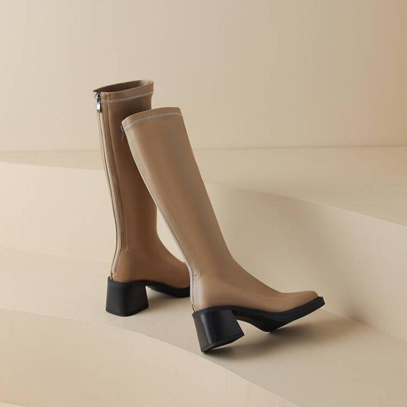 New rear zipper high heel medium boots women's heel round head Korean version comfortable solid color leather women's boots autumn and winter Mart