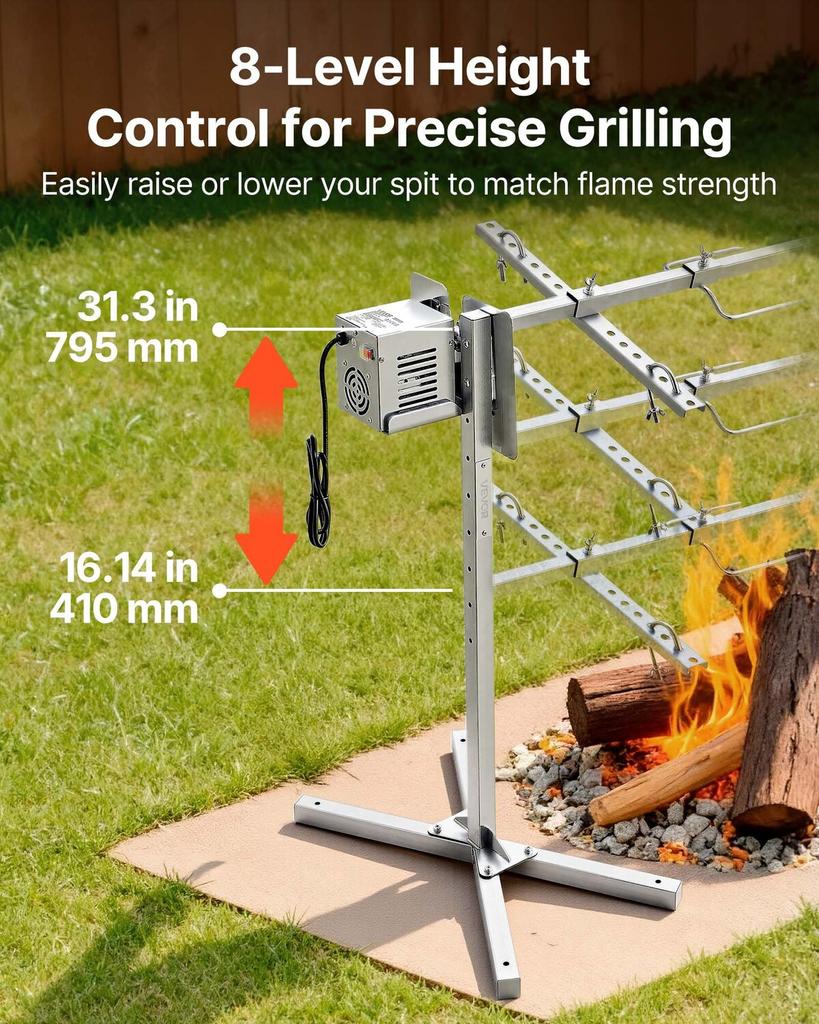 Gril à rôtissoire, AC220-240V Kit de gril à rôtissoire électrique à 8 niveaux de hauteur, Kit de rôtissoires pour grils BBQ avec capacité de charge de 88 lbs, Moteur 38W, Acier inoxydable