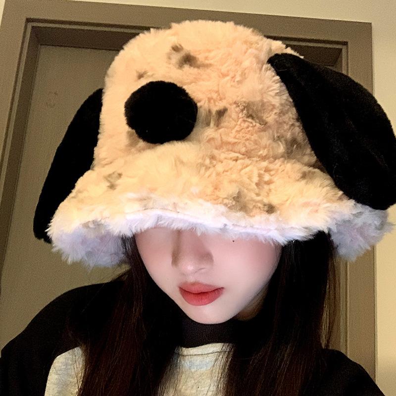 Japanese designer co-branded cute puppy ear fisherman hat for women, plush and warm for autumn and winter, with ear protection