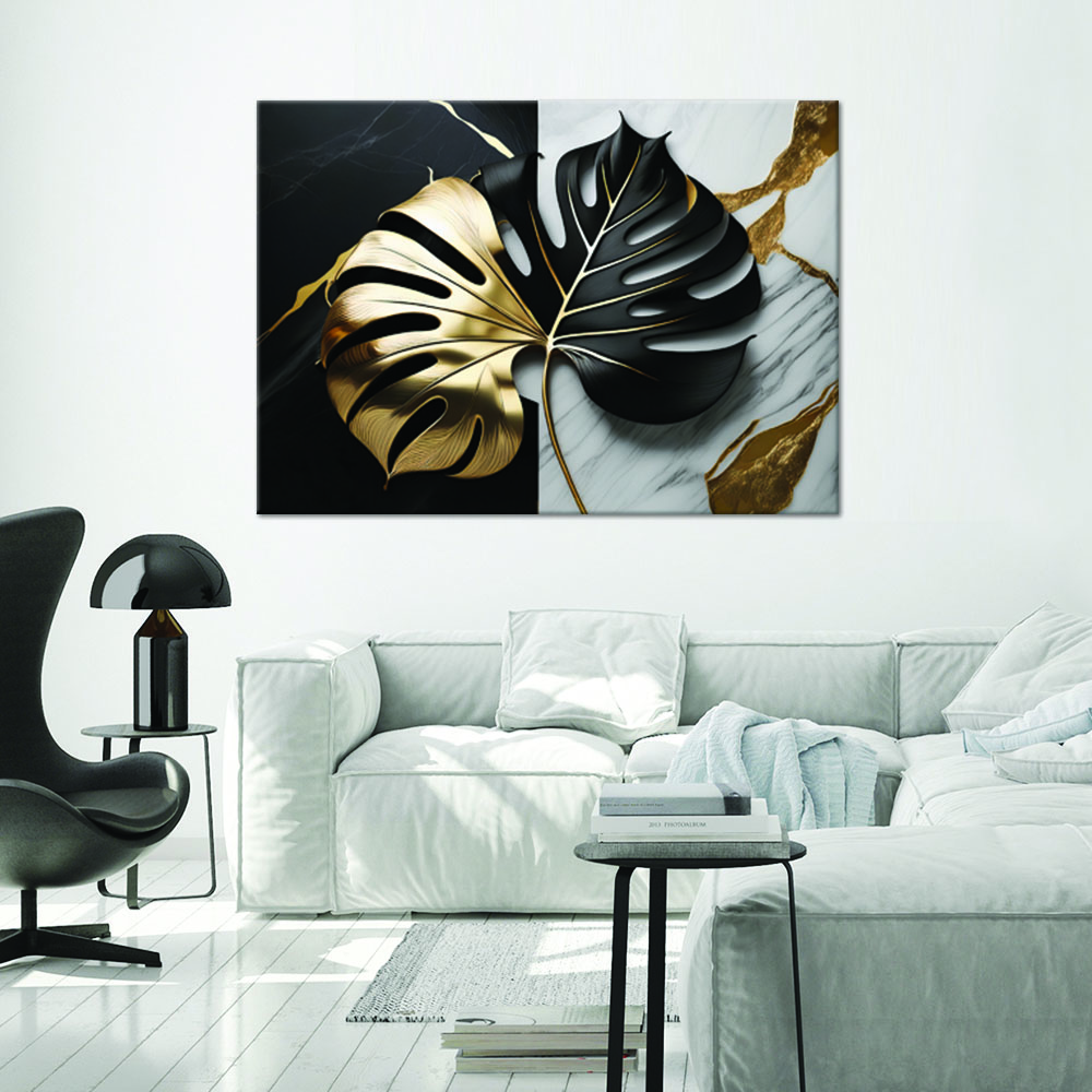 Canvas Print, Monstera Gold and Black On White and Black Background