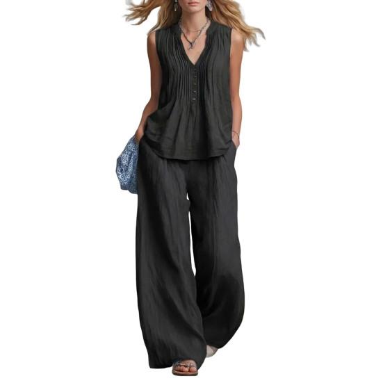 

Women s Sleeveless Cotton Linen 2 Piece Outfits Casual Button Up V Neck Tank Top Wide-Leg Pants Lounge Sets with Pockets S чёрный