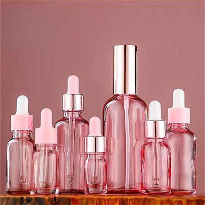 5/10/15/20/30/50/100ml Transparent Pink Glass Bottle with Pipette, Refillable for Serum & Oil, Empty