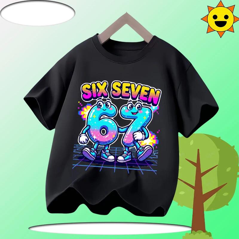 67 Six Seven Italian Brain Rot Math Joke T-Shirt Funny Casual Short Sleeve Round Neck Tops Summer Comfortable Children's T-Shirt