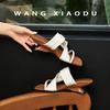 Sheepskin Color Matching Retro Square Head with Wedge Heel Slippers Women's Summer Wear Korean Version Open-toed High-heeled Sandals