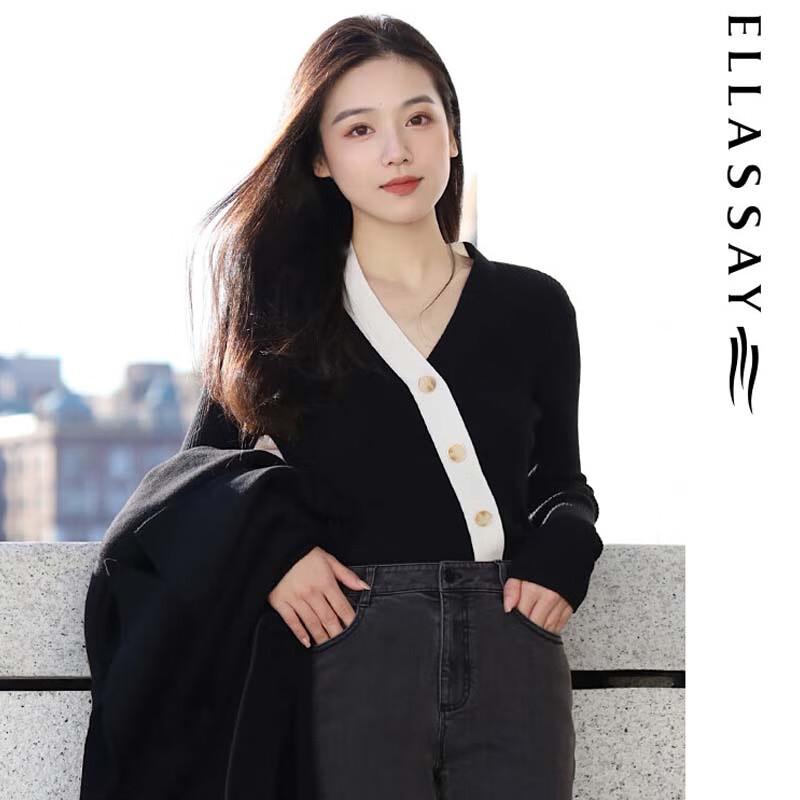 

ELLASSAY Women s Contrast V-Neck Wool Knit Sweater S