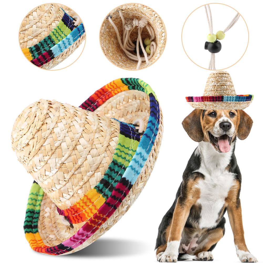 Mini Straw Sombrero Party Hat for Small Pets Puppy Cat with Cotton Rope Adjustment