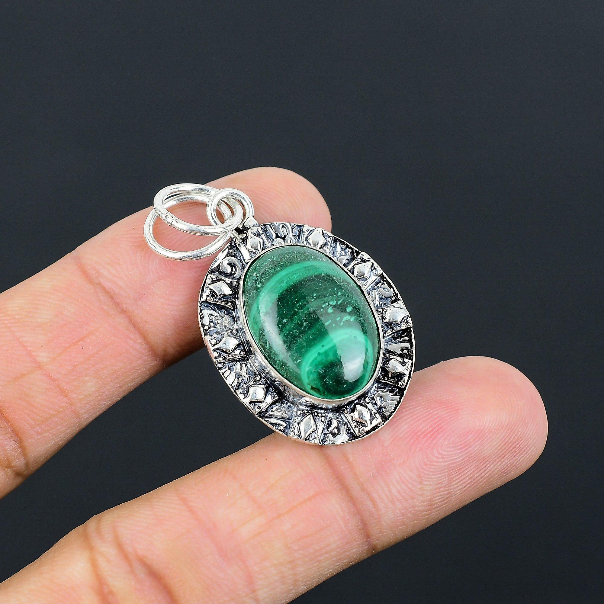 Halloween Deal Oval Natural Malachite Artisan Wife Boho Pendant Sterling Silver