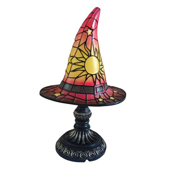 Stained Glass Witch Hat Lamp, USB Powered Night Light for Bedroom Shelf Decor, Halloween Warm Glow Gothic Table Lamp for Home