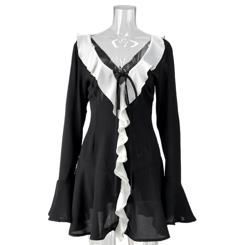 European and American Sexy Slim Fit Bell Sleeve Dress Lotus Leaf Edge Flared Sleeve Dress