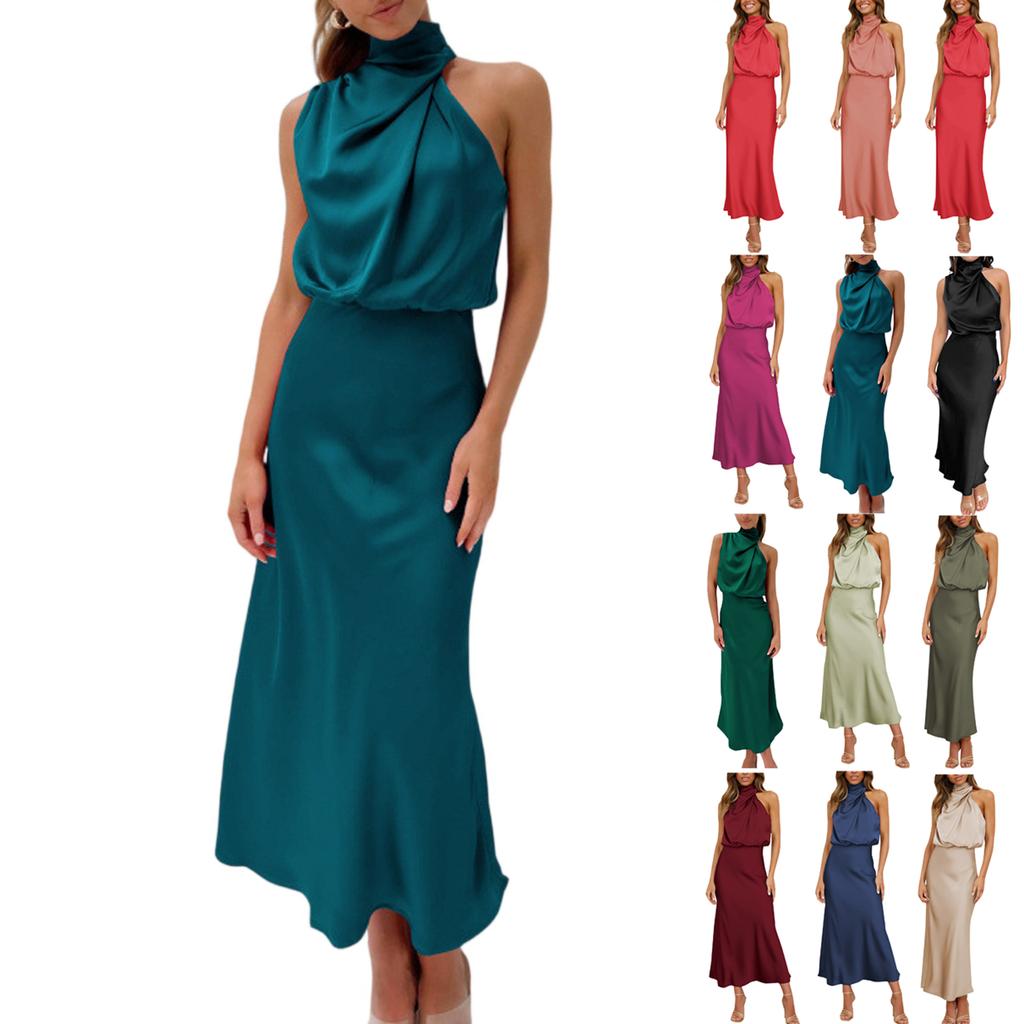 Women Sleeveless Mock Neck Cocktail Dresses Keyhole Elastic Waist Party Wedding Guest Satin High Split Mid Dress