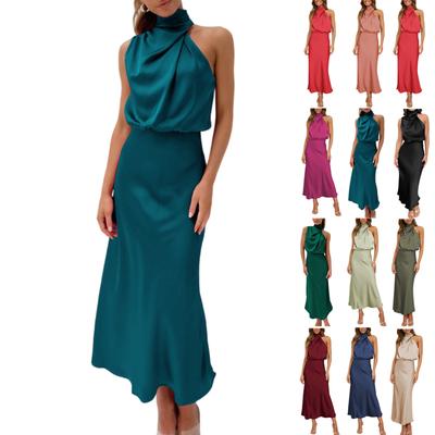 Women Sleeveless Mock Neck Cocktail Dresses Keyhole Elastic Waist Party Wedding Guest Satin High Split Mid Dress