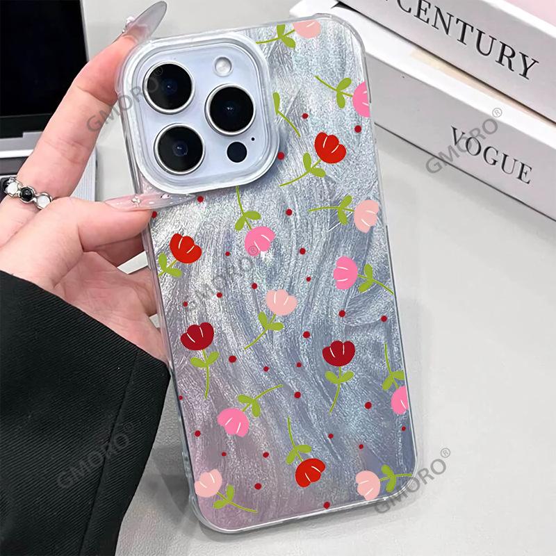 List Red Tulip Mobile Phone Case Suitable for Apple 16 Girly 17 Pro Large Hole Feather Yarn Anti-drop Cover