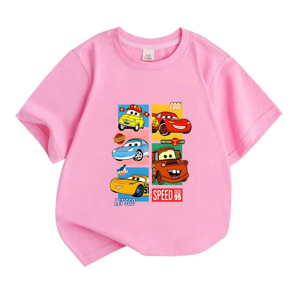 Kids Boys Girls 100% Cotton Crew Neck Short Sleeve T-shirt, Cute Cartoon Racing Car Print Casual Summer Tee Tops, Comfortable Lightweight Breathable D