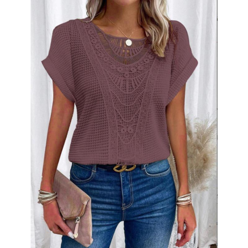 

European and American Spring and Summer New Lace Patchwork Short Sleeved T-shirt Versatile Women s Clothing XXL фіолетовий