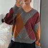 Vintage Contrast Rhomboid V-Neck Sweater Top