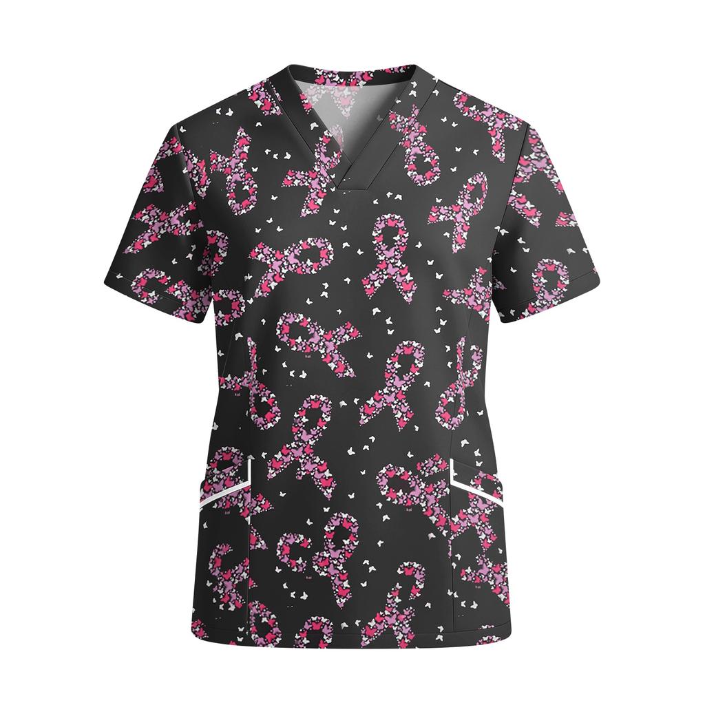 Women’s V Neck Short Sleeve Printed Work Top with Pockets Cute Animal and Heart Pattern Comfortable Fit Scrub Shirt