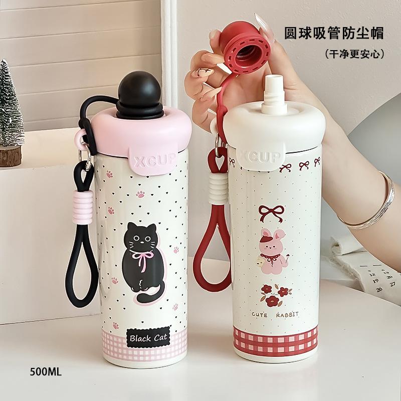 New stainless steel float thermos cup high value outdoor portable rope straw cup cute cartoon water cup