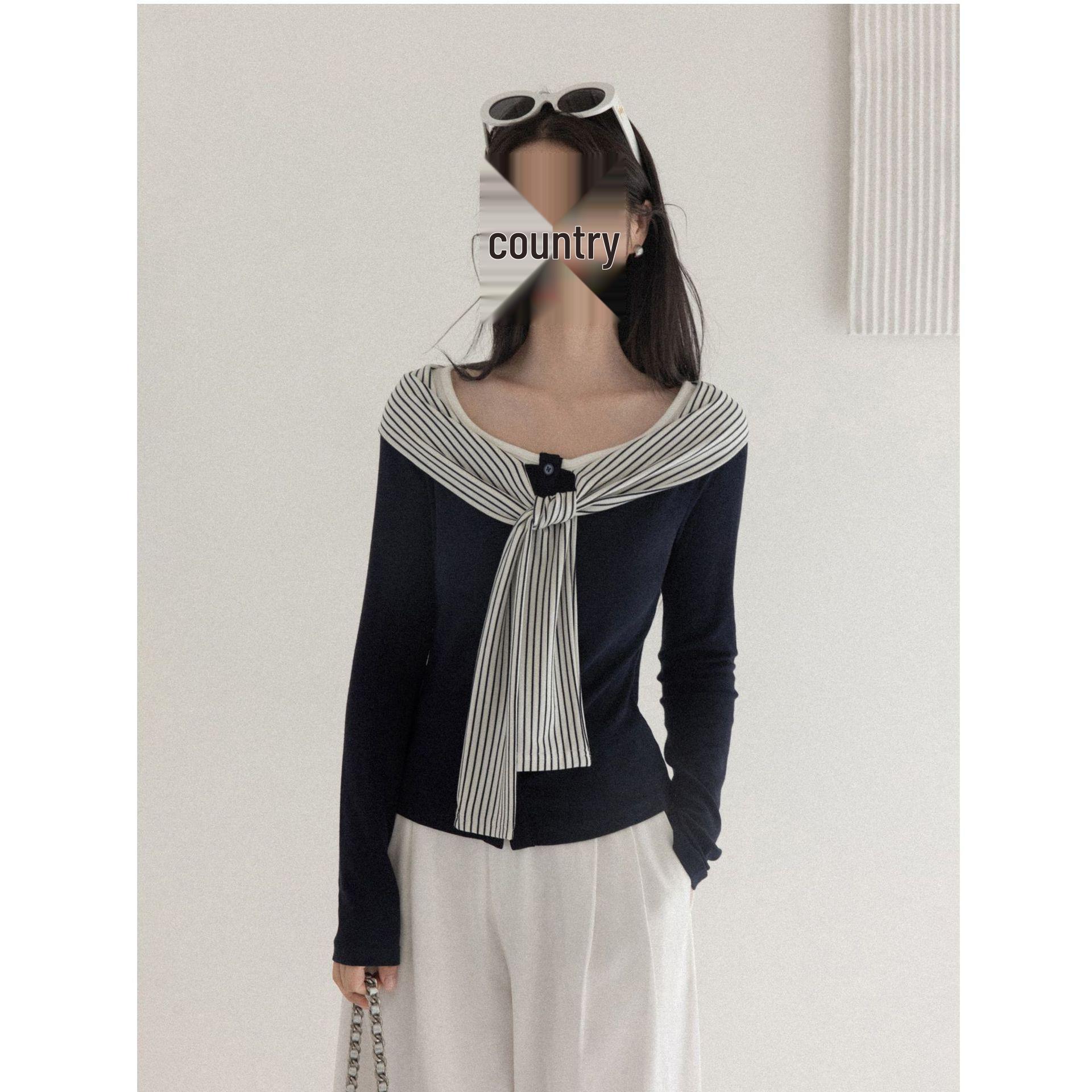 2025 Autumn Korean Style One-Shoulder Striped Patchwork Long-Sleeve T-Shirt L чёрный