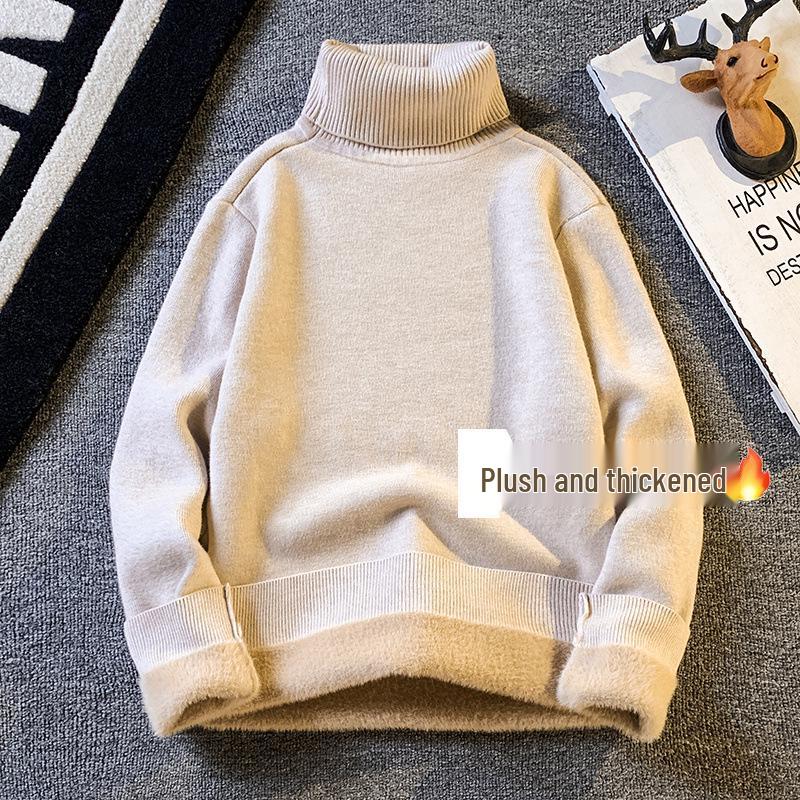 Men's Trendy High Neck Plus Velvet Sweater: Autumn/Winter Solid Color Knit Pullover