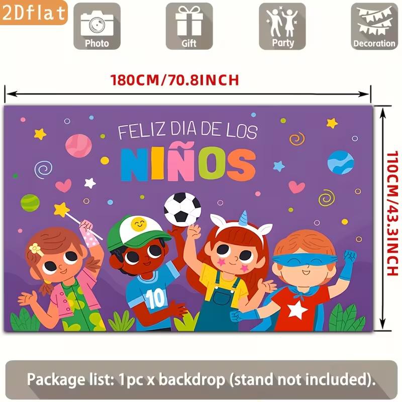 2D Feliz Dia De Los Ninos Backdrop, Happy Children's Day Cartoon Kids Photography Background Banner