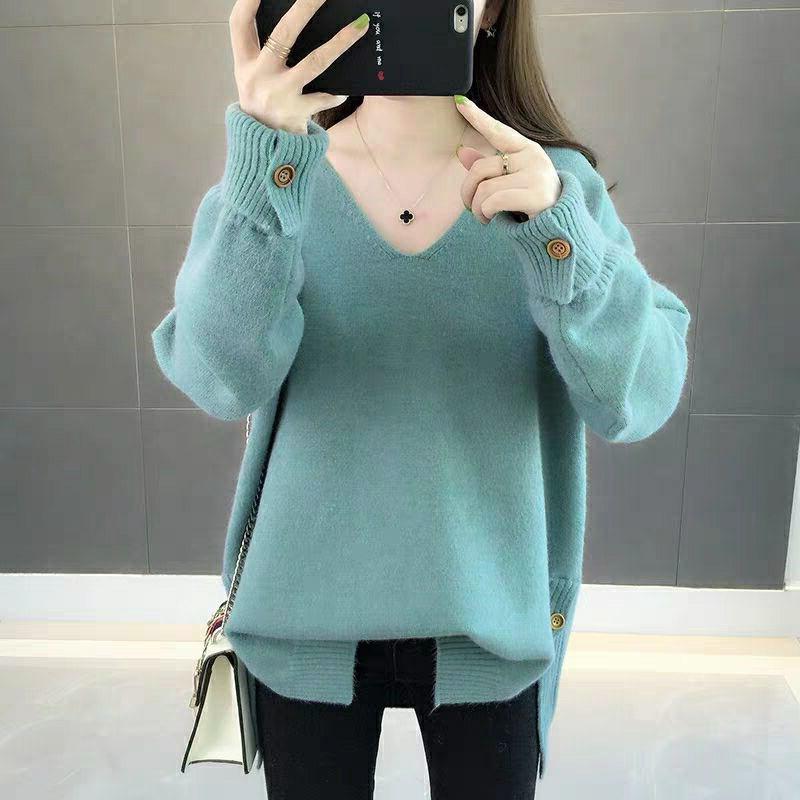 Autumn and Winter Women's V-neck Knitted Sweater Loose Button Solid Color Sweater for Women