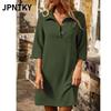 JPNTKY Fashion Summer Spring Solid Color Print Long Sleeve POLO Neck Casual Dresses