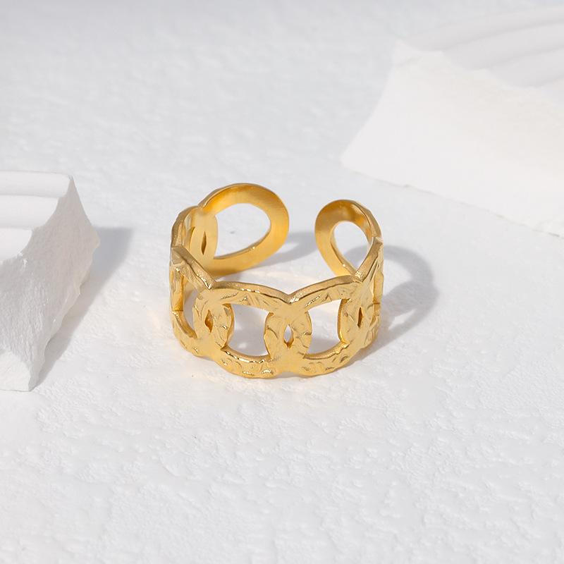 Stainless Steel Rings For Women Hollow Out Gold Color Temperament Personality Fashion Female Trendy Resizable Opening Rings