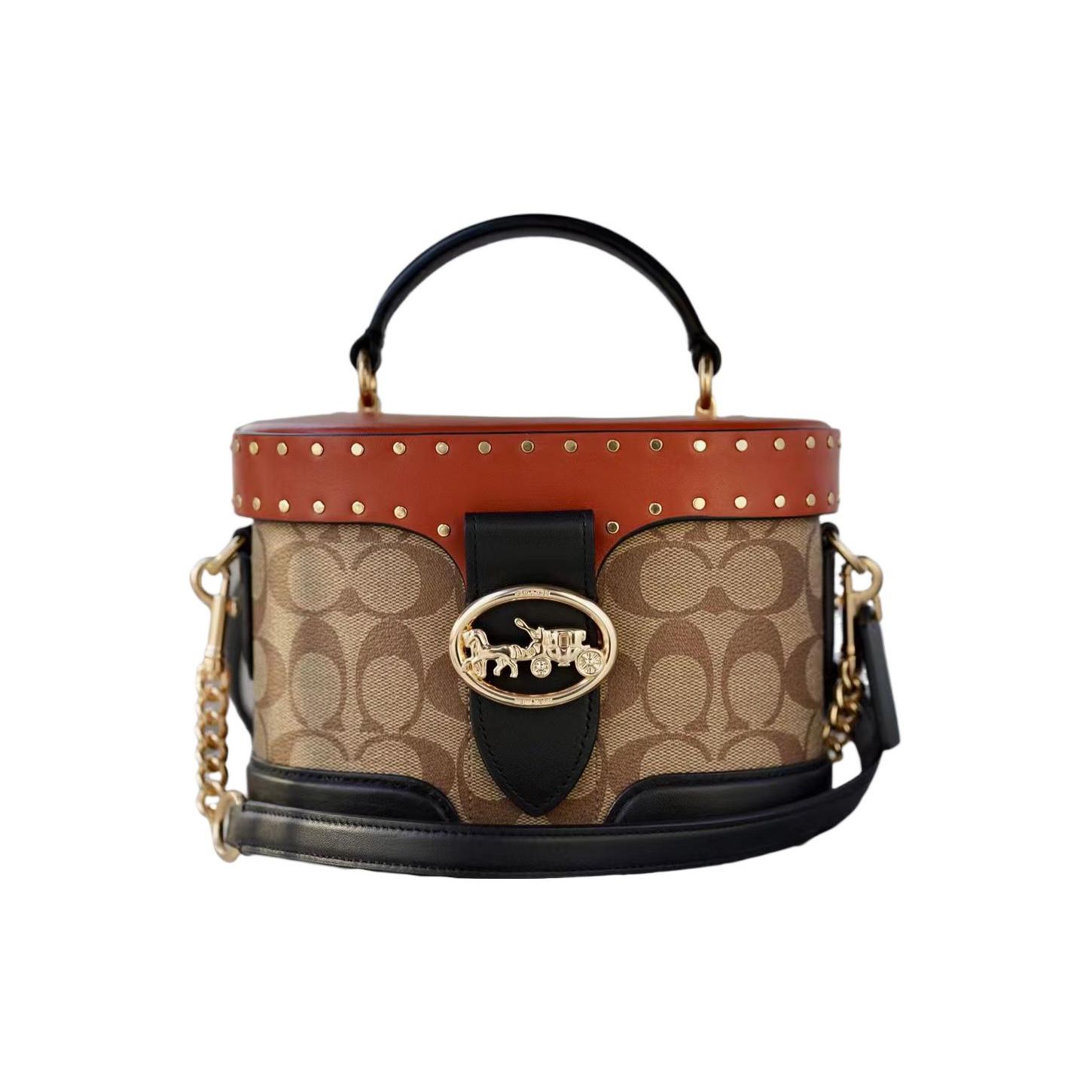 

Coach Signature Canvas Leather Cylinder Crossbody Bag With Horse Carriage Clasp C7231-IMRL7 Gift Box Set (Basic Set+Black Box)