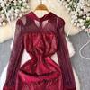 New Autumn Retro Sequins Lapel Pencil Dress Women Clothes Elegant Lady Sheer Sexy Long Sleeve Slim Short Party Birthday Vestidos