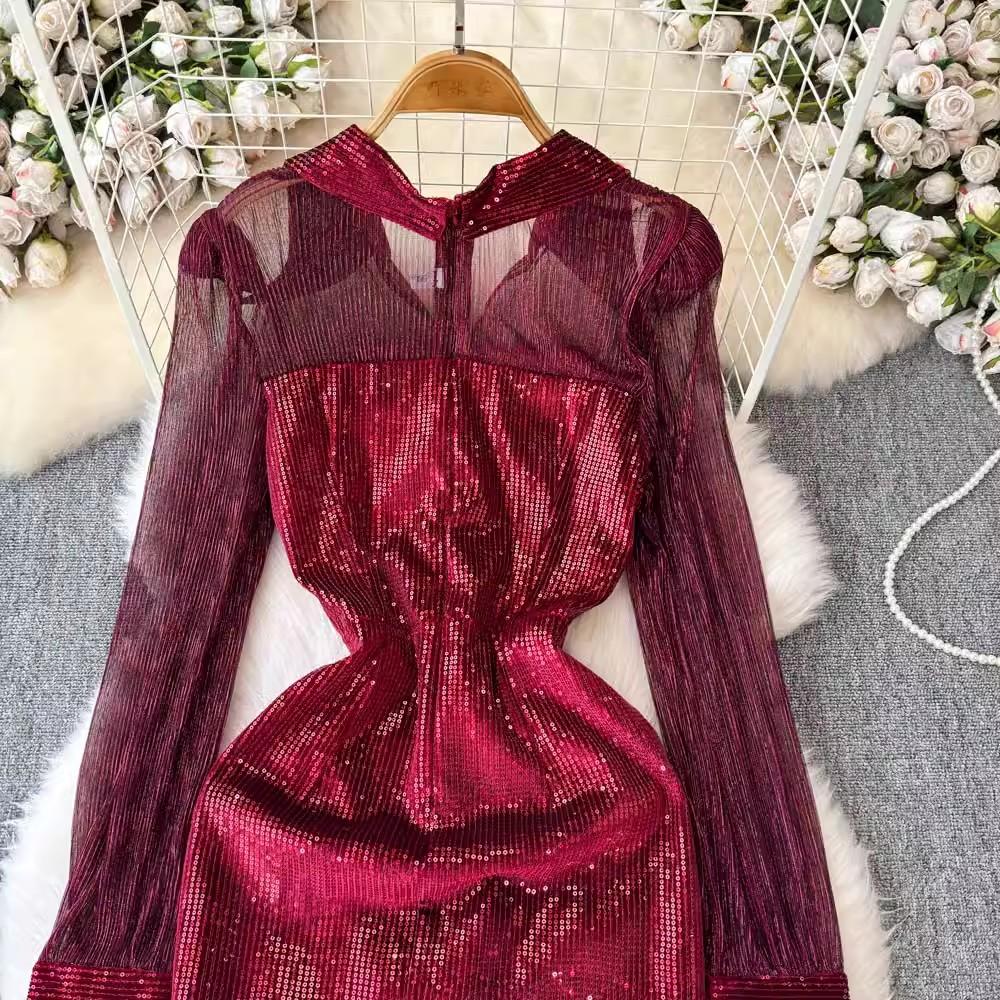 New Autumn Retro Sequins Lapel Pencil Dress Women Clothes Elegant Lady Sheer Sexy Long Sleeve Slim Short Party Birthday Vestidos