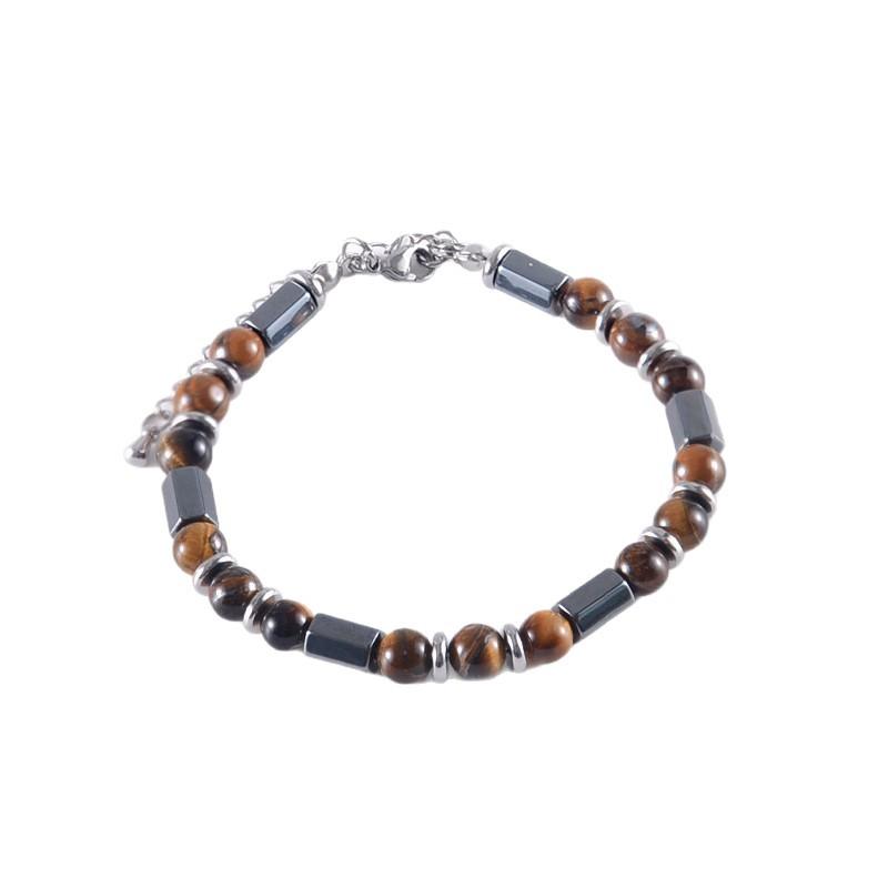 Stainless Steel Chain Tiger-eye Stone Bead Bracelet, Black Magnet Stone Natural Stone Bracelet, Men's Accessory