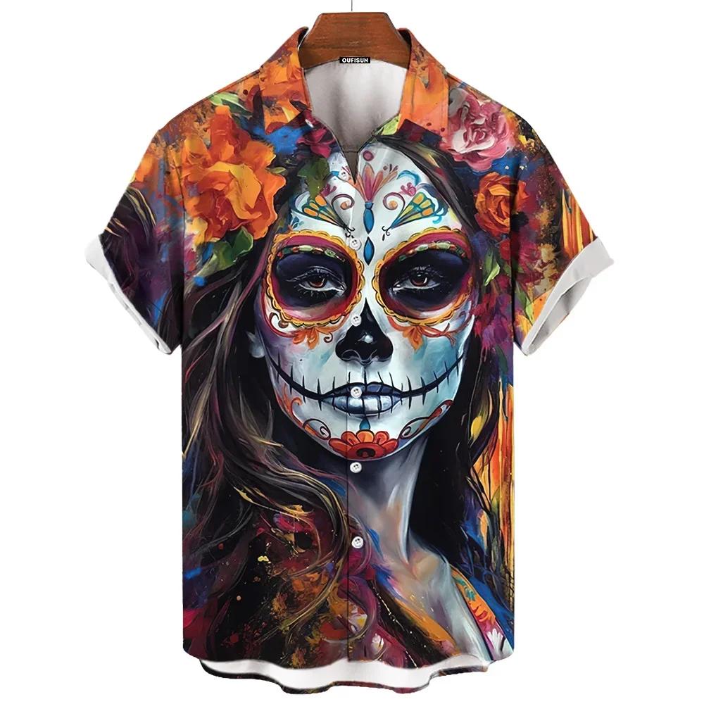 Men's Shirts Skull Face 3d Print Short Sleeve Day of The Dead Shirt Skull Retro Loose Oversized Man Clothing Festival Clothing