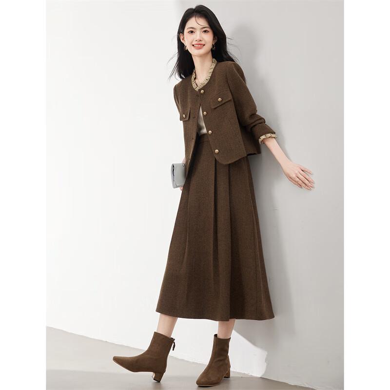 Conjunto Elegante de Chaqueta y Falda de Mezcla de Lana para Mujer