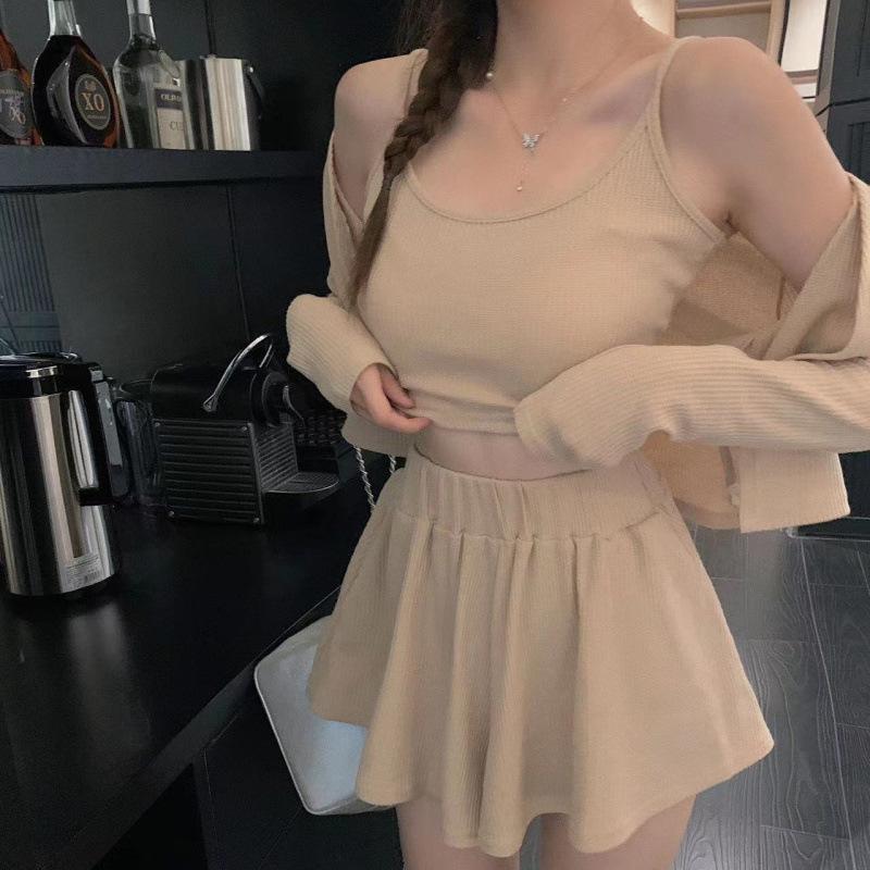 Summer Soft Girl Fashion Set: Women's Casual Sports Cardigan, Camisole, and Skirt Pants Three-Piece