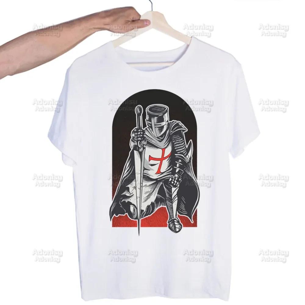 Medieval Knights Templar Printed T Shirt Men Retro Washed Tops Tees Harajuku Tshirt Streetwear Hip Hop Male T-shirts