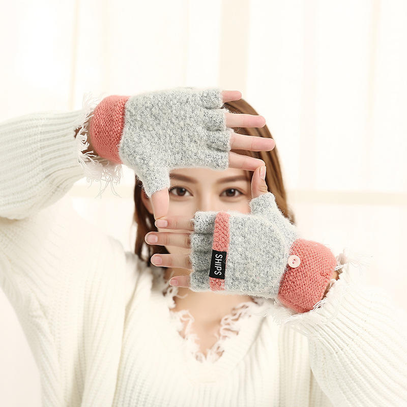 Autumn and winter wool flip gloves men's and women's new knitted double-layer thickened warm-keeping half-finger cycling gloves
