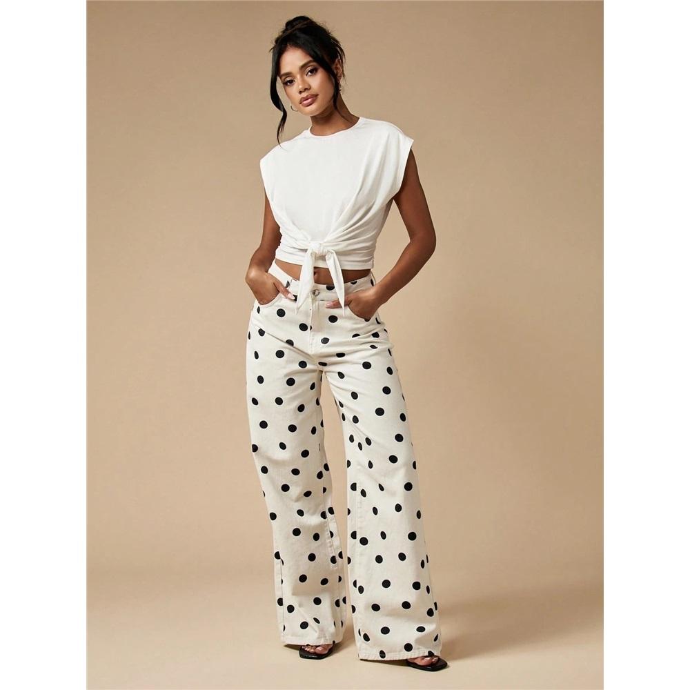 Fashionable Women's Polka Dot Loose Casual Mid-waist Denim Trousers