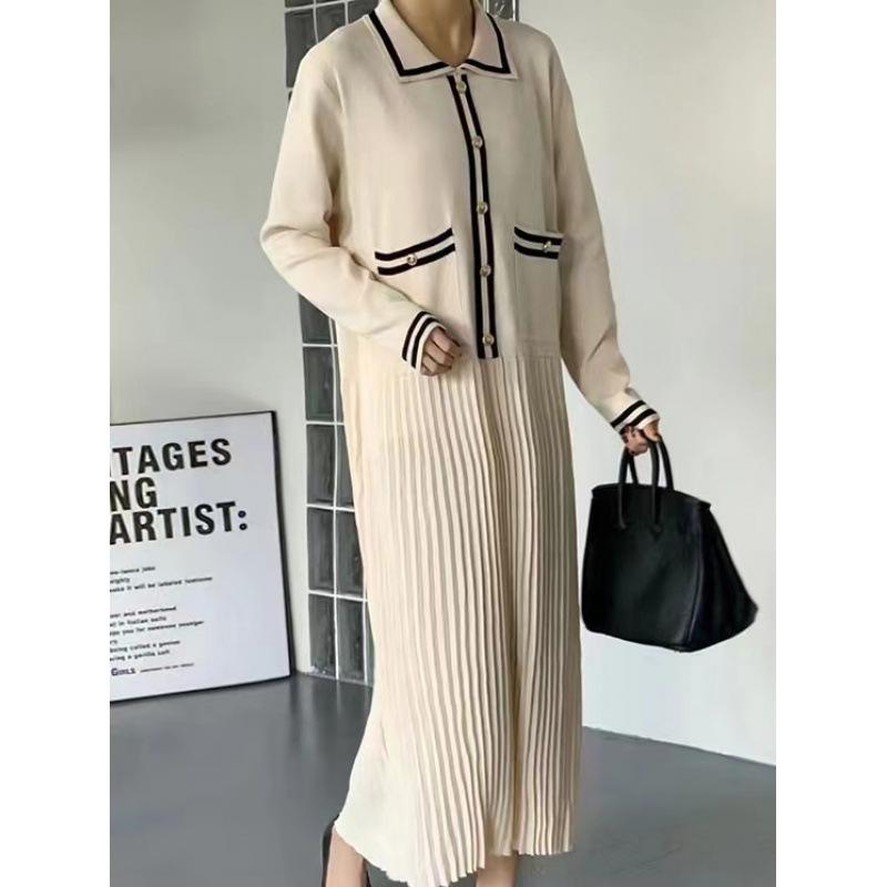 Korean Chic Retro Lapel Contrasting Knitted Dress Women's Edged Elegant Small Fragrant Pleated Loose Long Skirt
