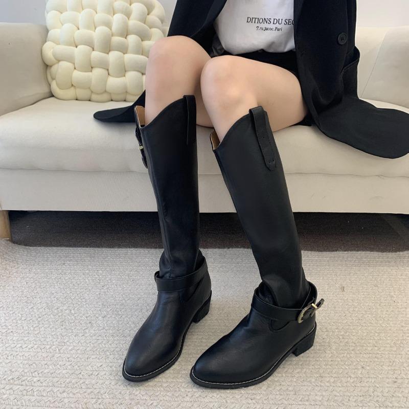 

Coarse heel boots women s spring and summer new pointed toe versatile knee boots with skirt knight boots 41 чёрный