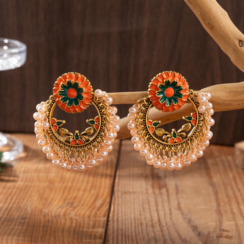 Vintage Painted Flower Pearl Tassel Earrings Fashionable and Unique European and American Style Color-Contrast Bohemian Earrings for Women