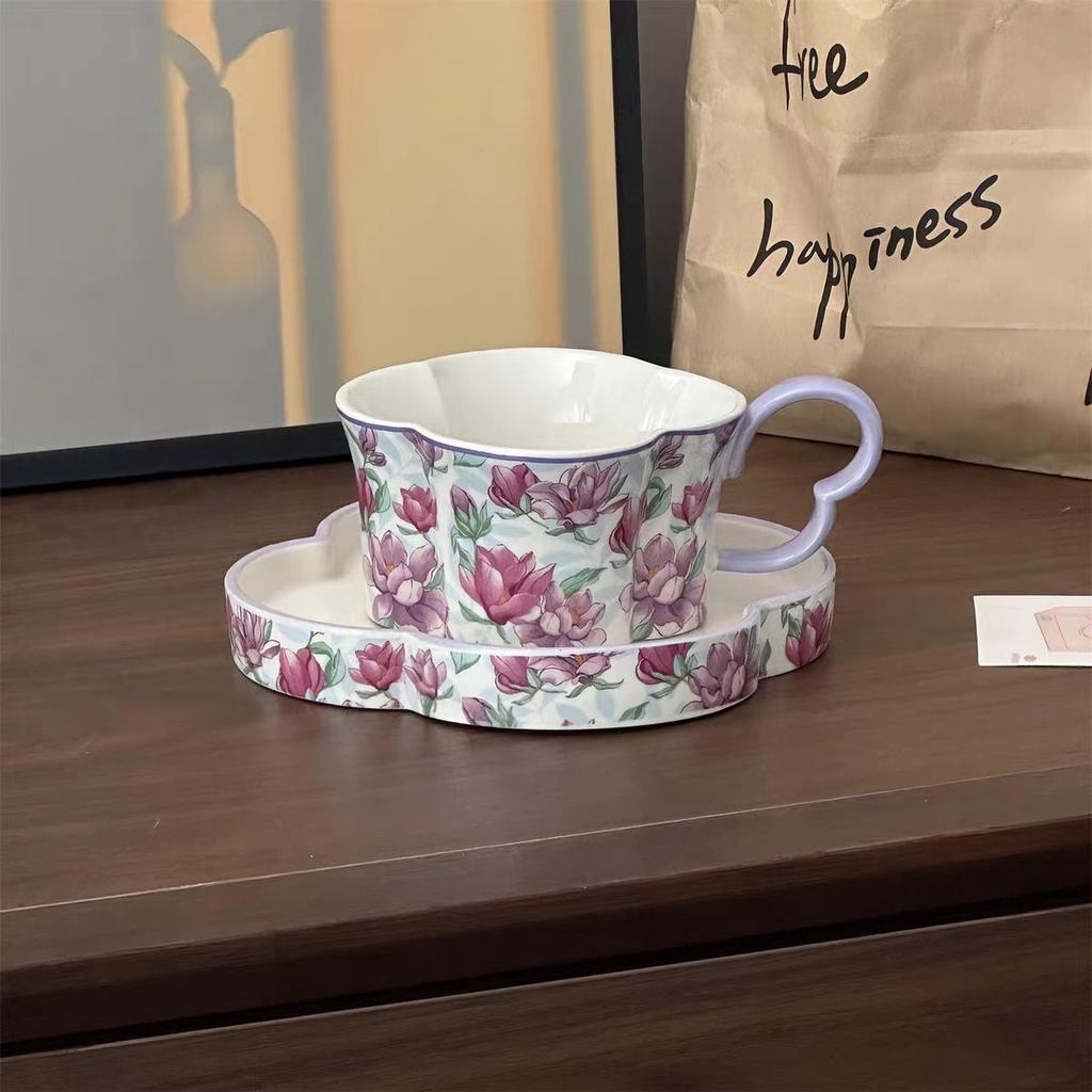 Girl'S Style Purple Tender Coffee Cup And Saucer Set Ceramic Water Cup Ins Afternoon Tea High Value Cute Light Luxury Cup And Saucer
