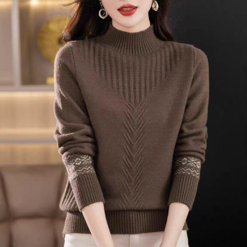 Half Turtleneck Cashmere Sweater Solid-color Long-sleeved Knitted Sweater for Women Casual Thickened Knitwear and Loose Solid-color Pullover