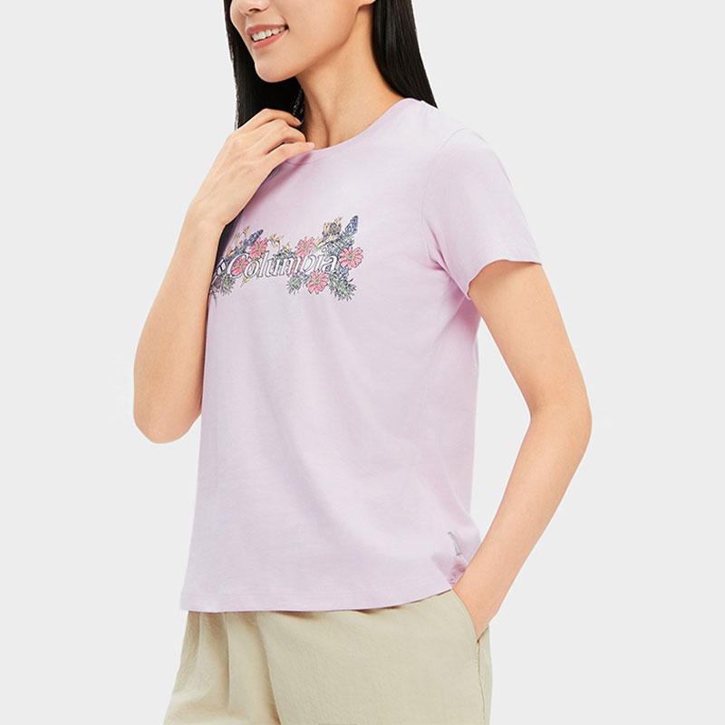 Columbia Printed Logo Round Neck Short Sleeve T-Shirt Women Tops Pink AR5795-686