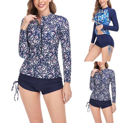 Fashion Women's O-neck Long Sleeve Printed Split Swimsuit