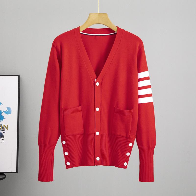 Women's Red Knit V-Neck Cardigan - Short Jacket, Trendy 2025 Style