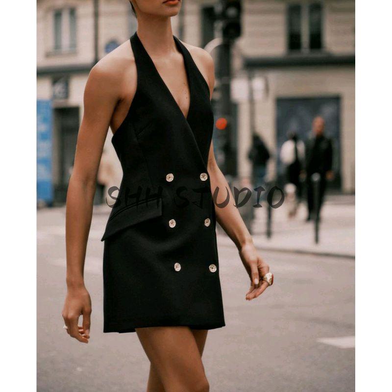Autumn New Women's Clothing Commute Style Double Breasted Button Decoration Hanging Collar Mini Business Suit and Dress 3608536