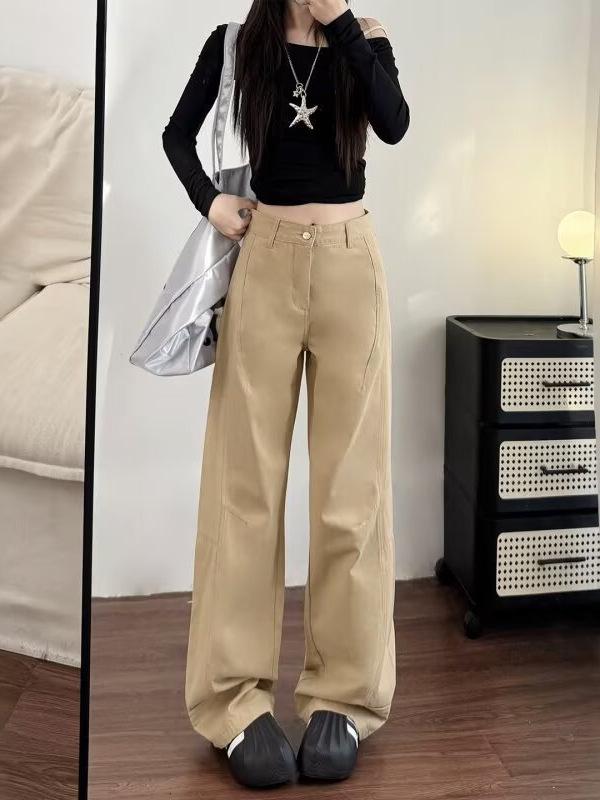 Women's High-Waisted Khaki Wide-Leg Jeans: Spring/Autumn Loose-Fit, Pear-Shape, Slimming Straight-Leg Pants