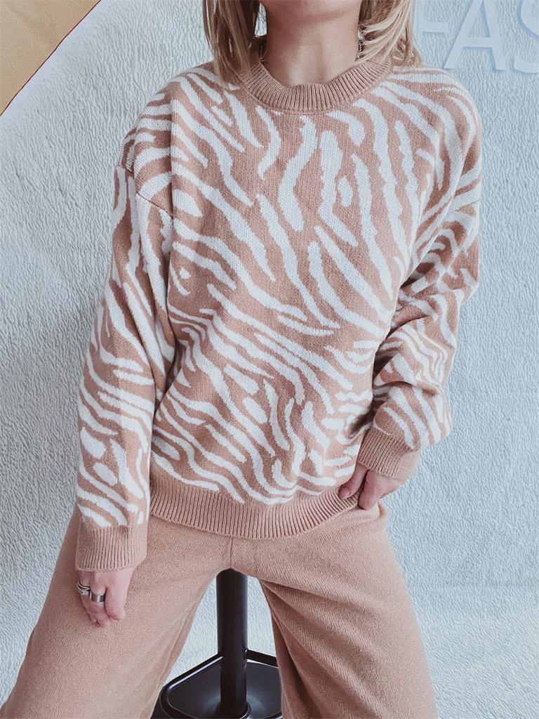 Women's new autumn and winter commuting knitted zebra print contrasting pullover sweater KTB