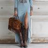 Abito da Donna alla Moda Suede Monocolore Stile Western con Frange Vestibilità Aderente Manica Lunga